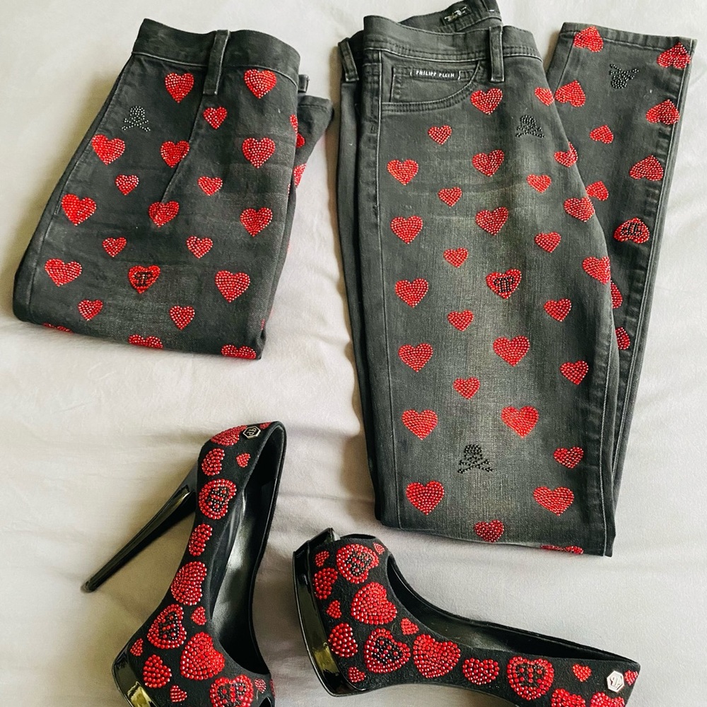 Jeans, jeans skirt and peep toe platform heels collection with ❤️ &💀